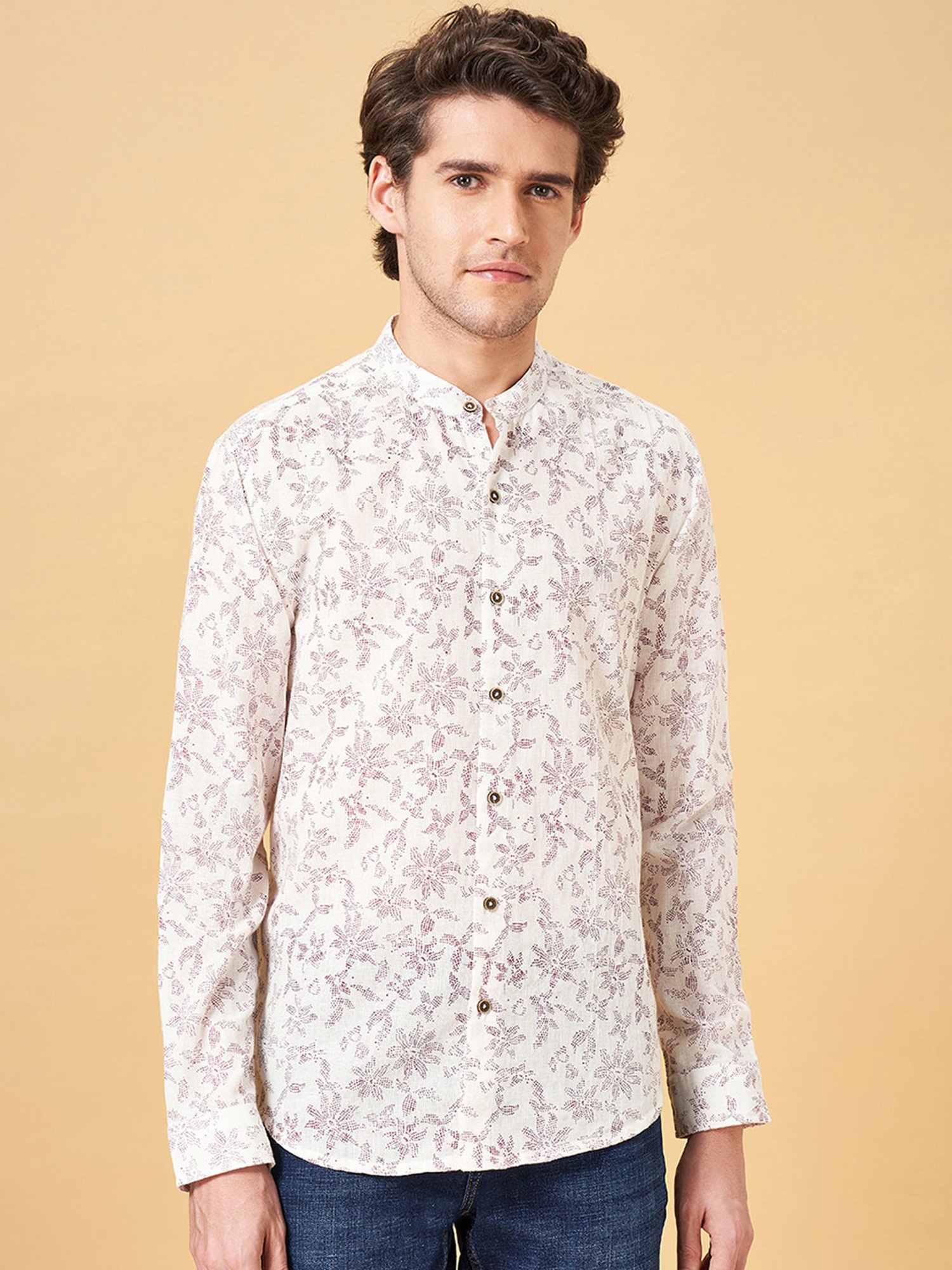 Indus Route by Pantaloons Off White Regular Fit Printed Shirt