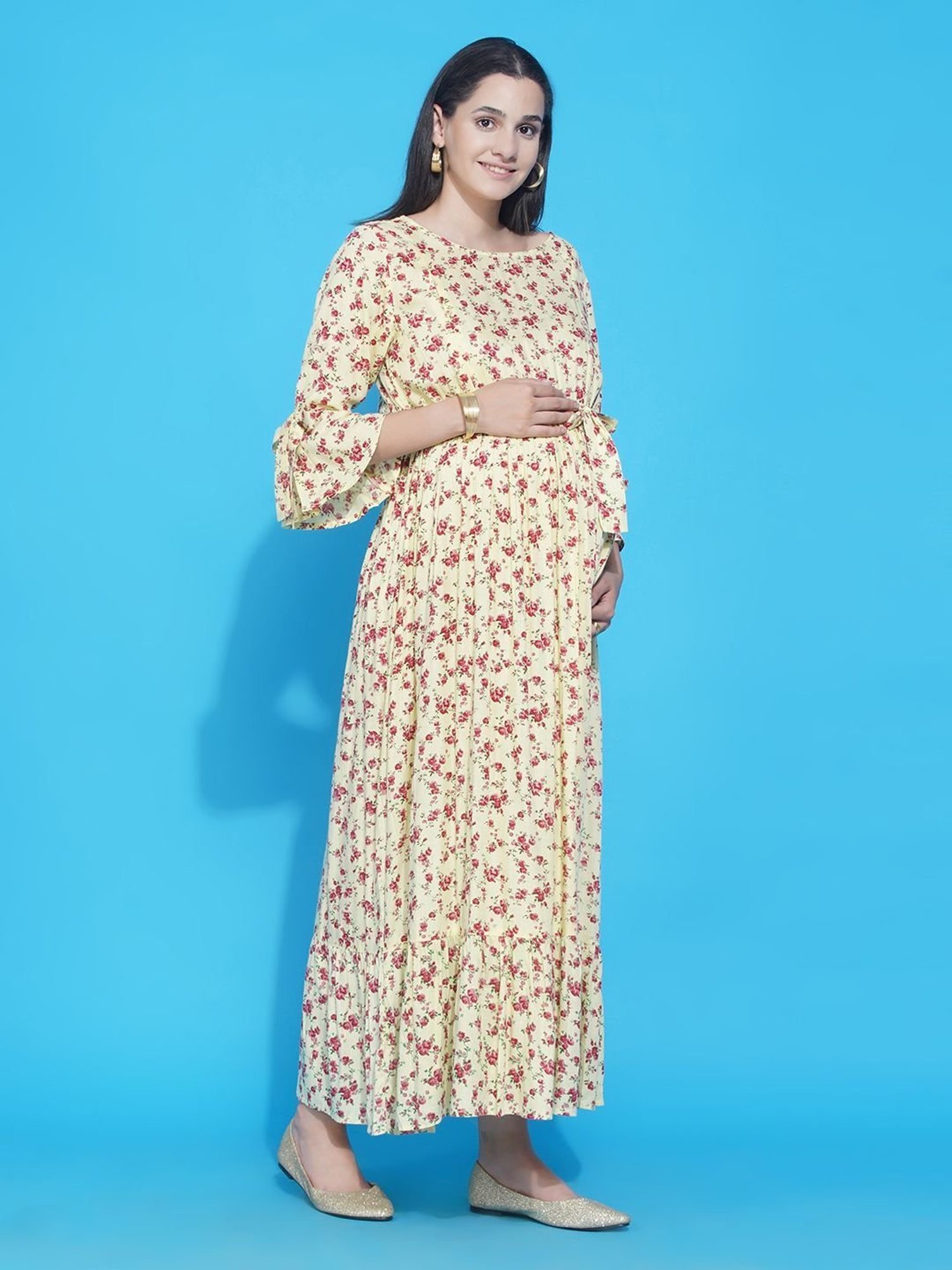 Mine4Nine Yellow & Pink Floral Print Maxi Maternity & Nursing Dress
