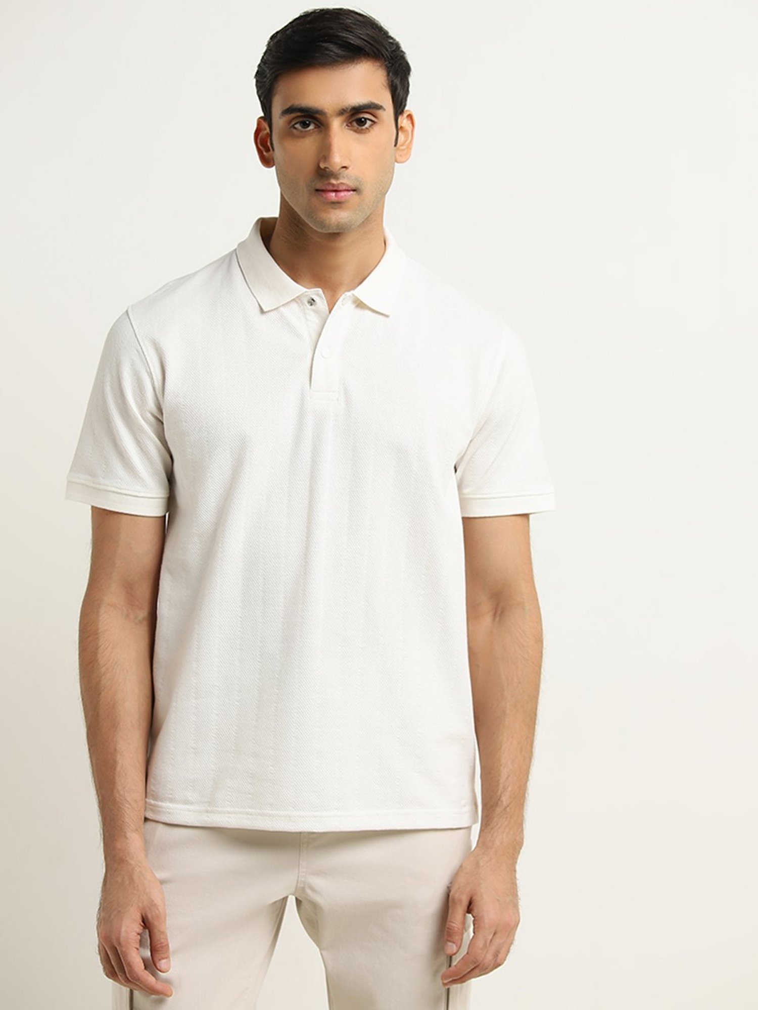 WES Casuals by Westside Off-White Striped Relaxed-Fit Polo T-Shirt