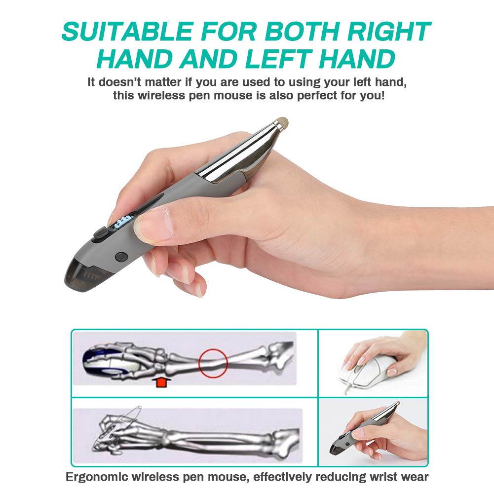 2.4G Wireless Optical Pen Mouse, Pocket Rechargeable Handwriting Mice with UCB-C & Micro-USB Adapter for Right and Left Hand 1600 DPI Ergonomic RGB Backlit Pen Mice for PC Notebook Mac