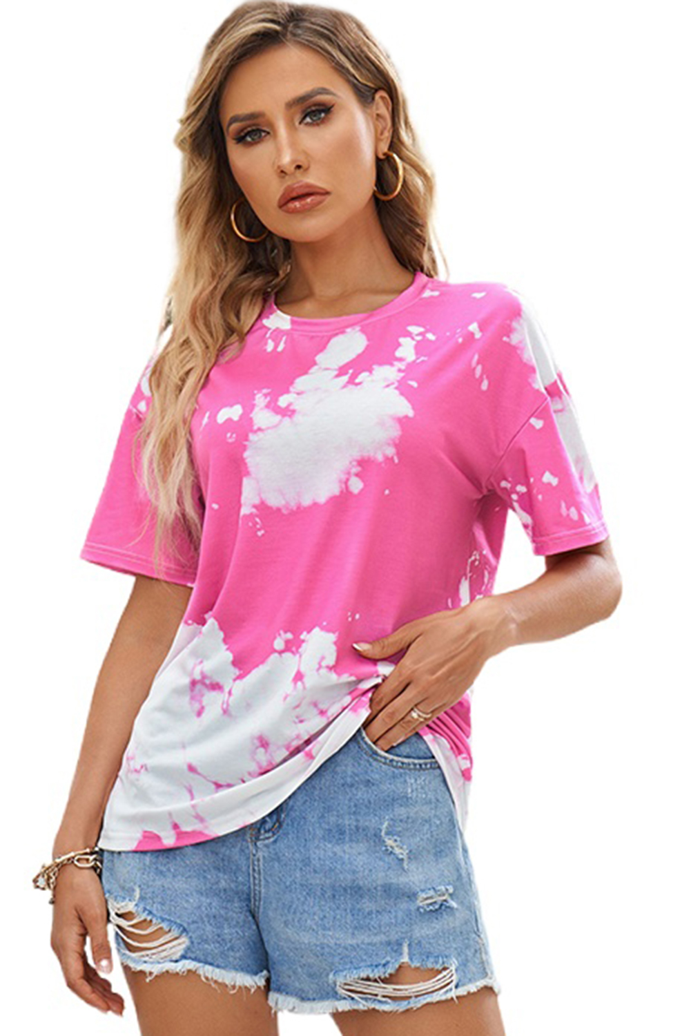 Pink Tie Dye Short Sleeve Crew Neck T Shirt Customized