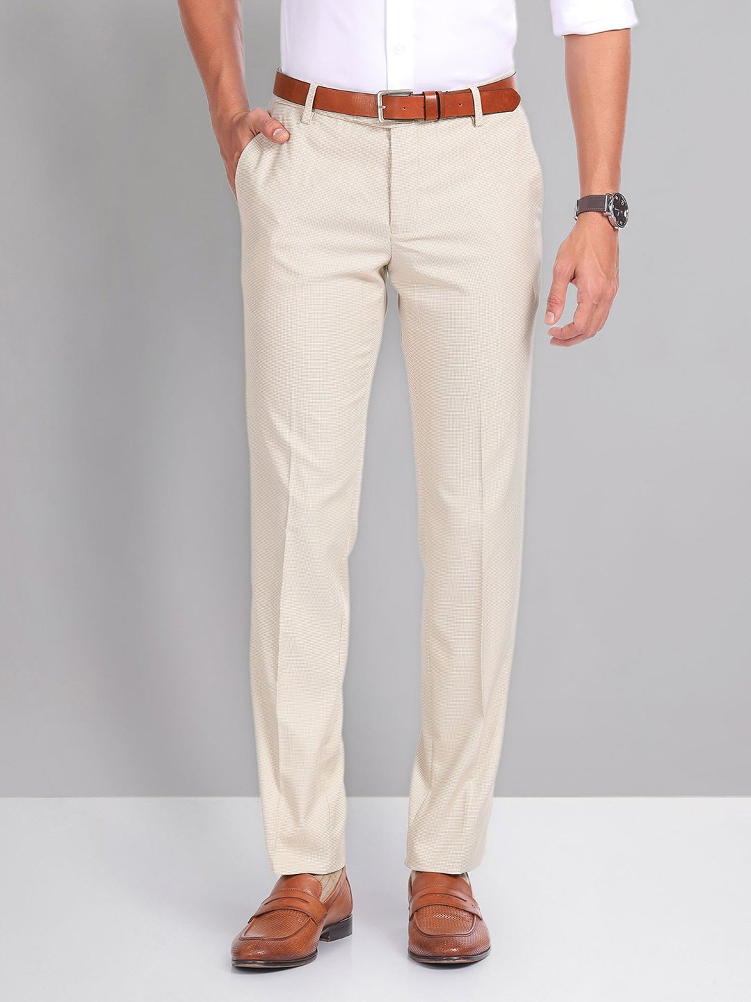AD by Arvind Beige Slim Fit Flat Front Trousers