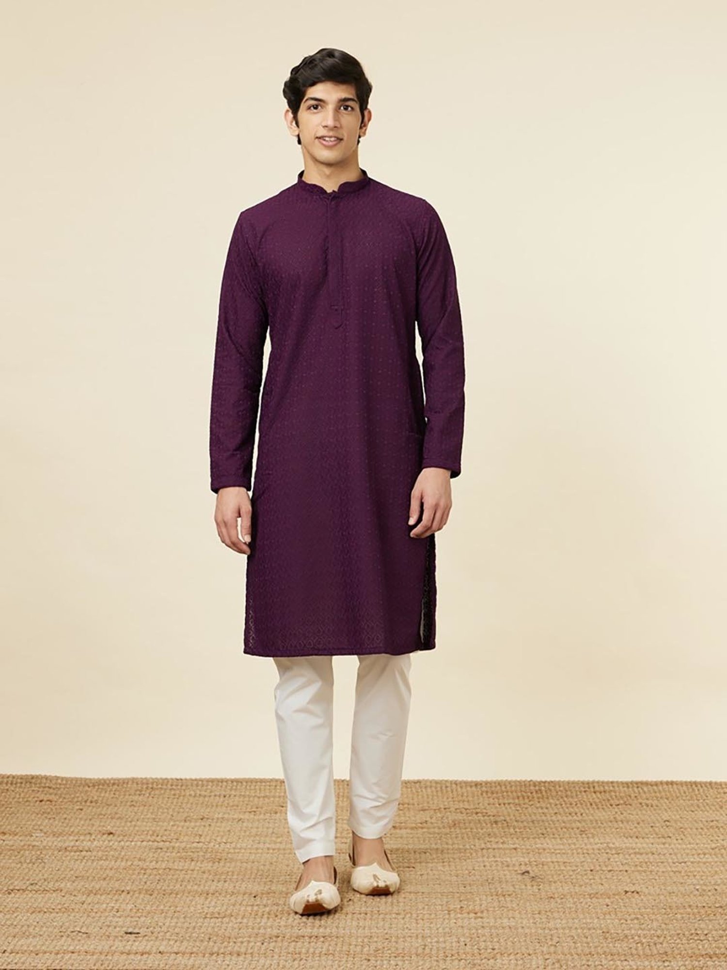 Manyavar Purple & White Regular Fit Embroidered Kurta & Pyjamas Set