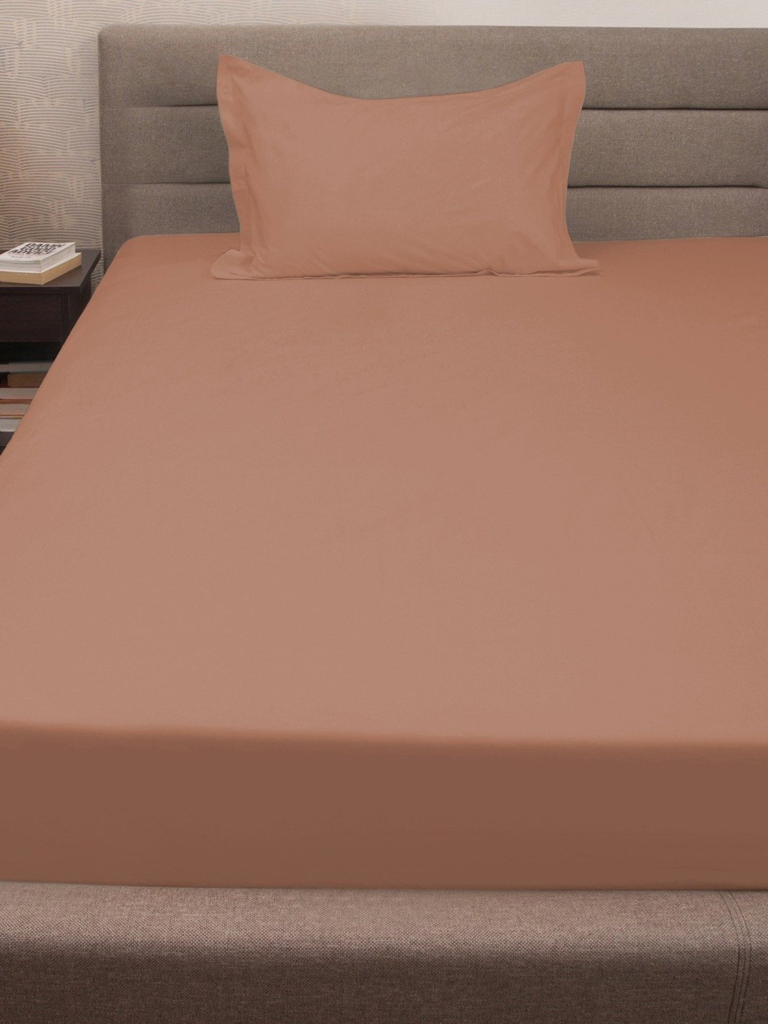 Petal Home Solid Beige 300 TC Cotton Single Bed Sheet with 1 Pillow Cover
