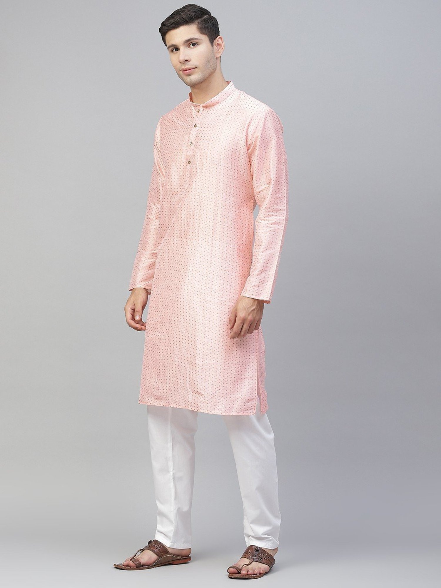 ManQ Pink & White Regular Fit Printed Kurta Bottom Set