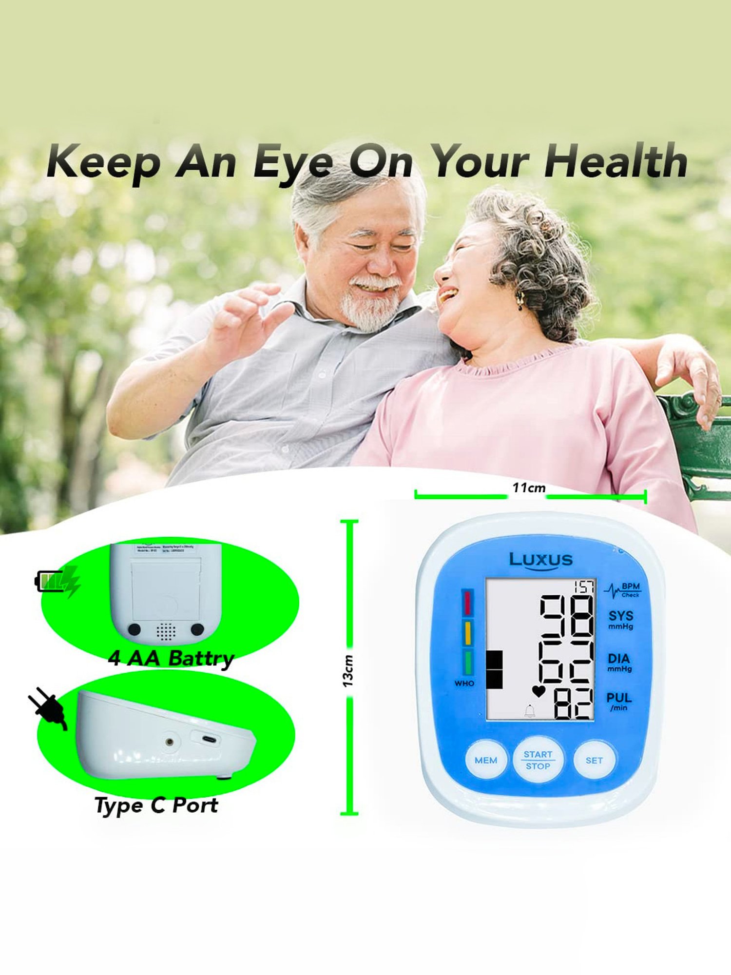 Luxus BP-105 Digital Automatic Blood Pressure Monitor with USB C Port Complete Kit (Blue & White)