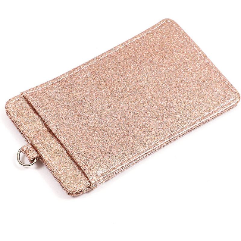 Retractable ID Badge Holder with Lanyard, 2 Card Slots, Rose Gold Glitter PU Leather, 4.9" x 2.75"