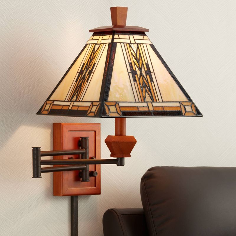 Robert Louis Tiffany Mission Swing Arm Wall Lamp Walnut Wood Plug-In Light Fixture Stained Glass for Bedroom Bedside Living Room