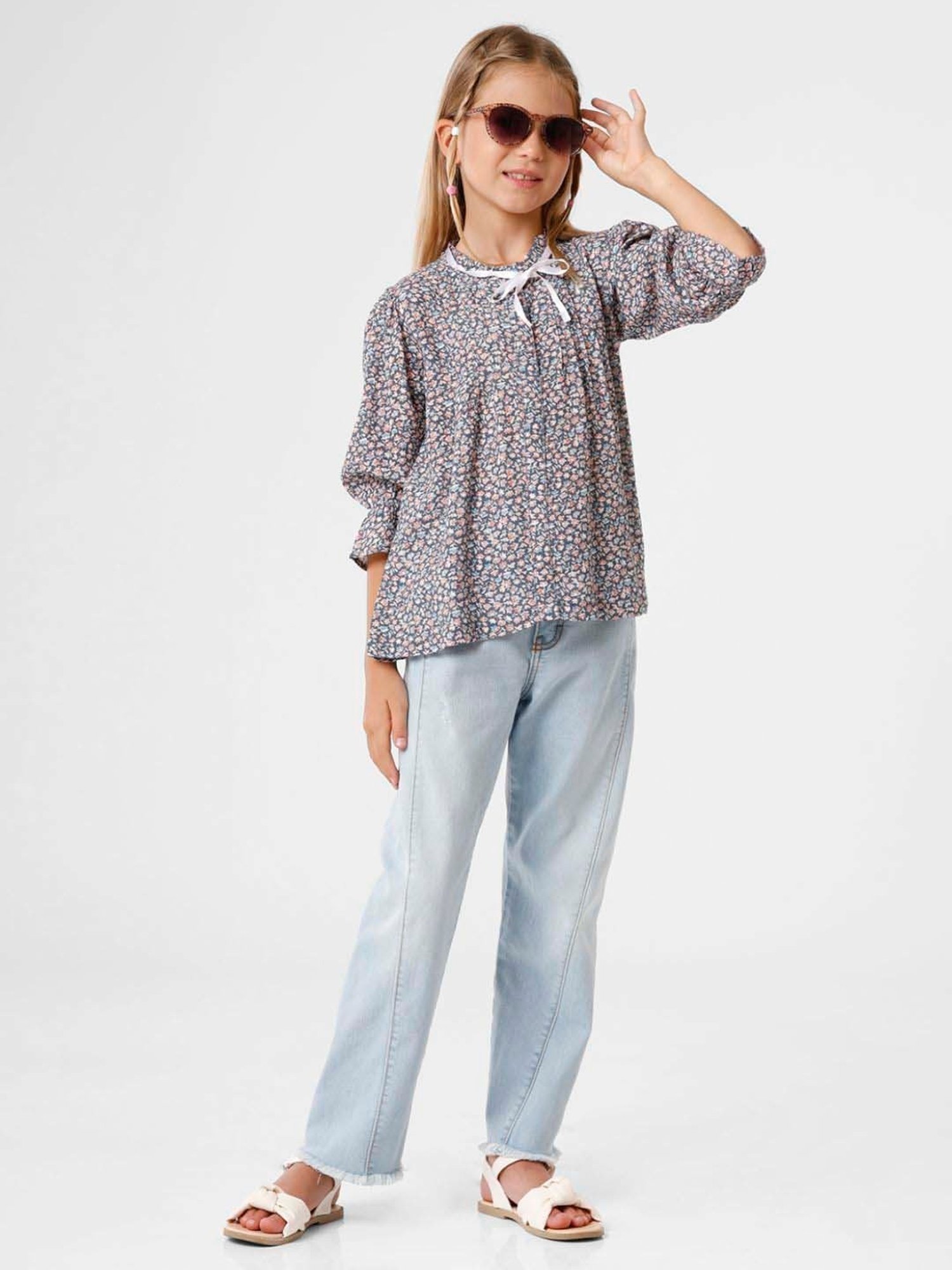 Kate & Oscar Kids Blue Cotton Floral Print Top
