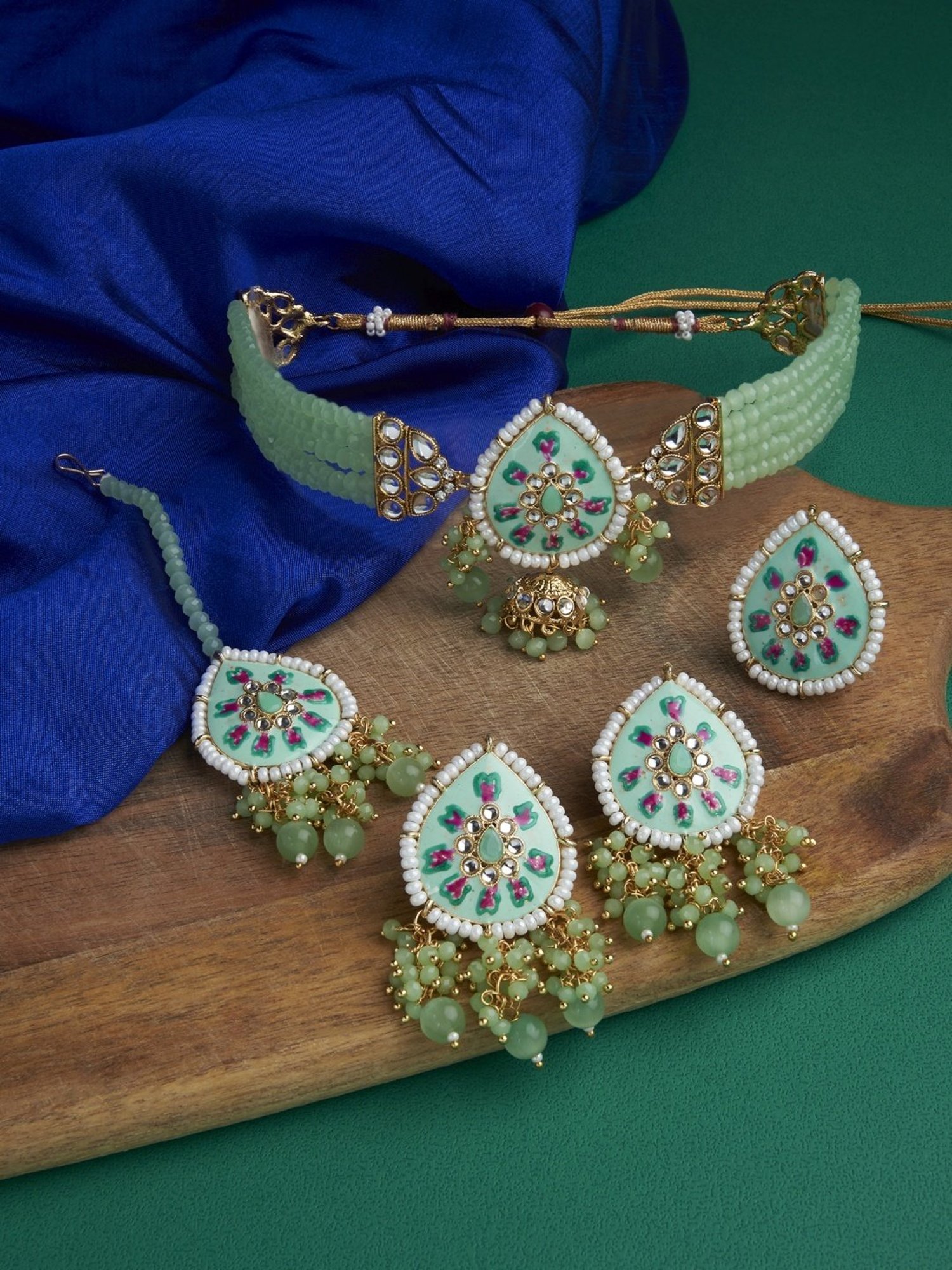 Zaveri Pearls Green Pink Meenakari Multistrand Necklace, Earring, Maangtikka & Ring Set