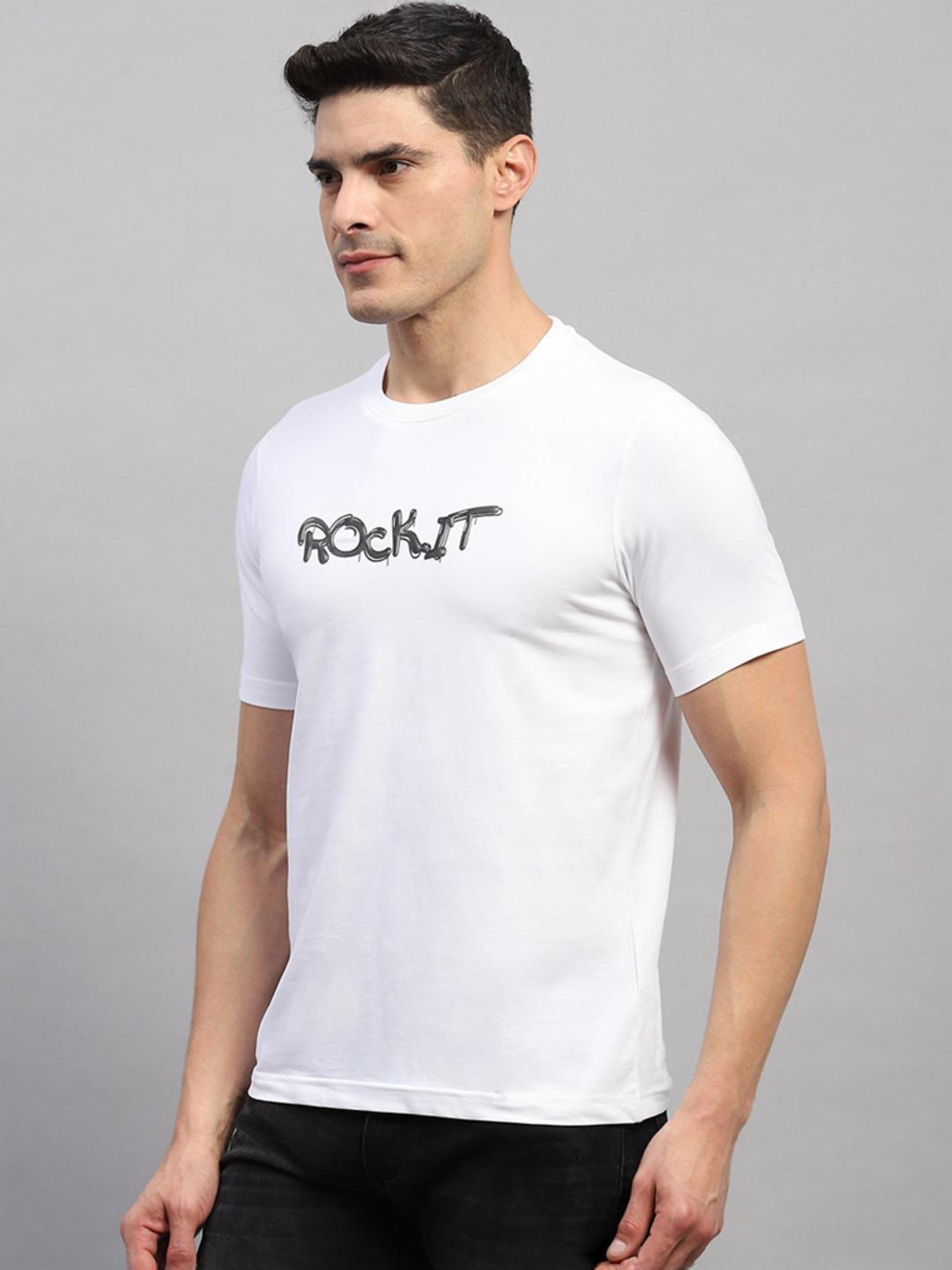 Rock.it White Cotton Regular Fit Printed T-Shirt