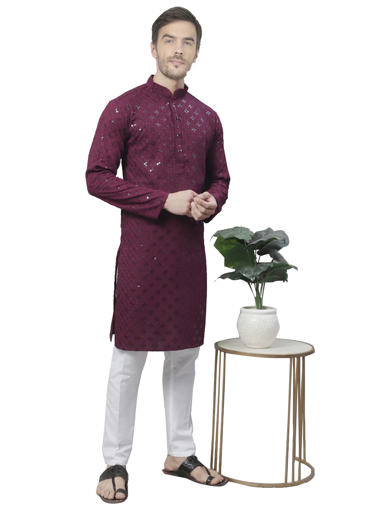 SG LEMAN Wine Regular Fit Embroidered Kurta & Pyjamas Set