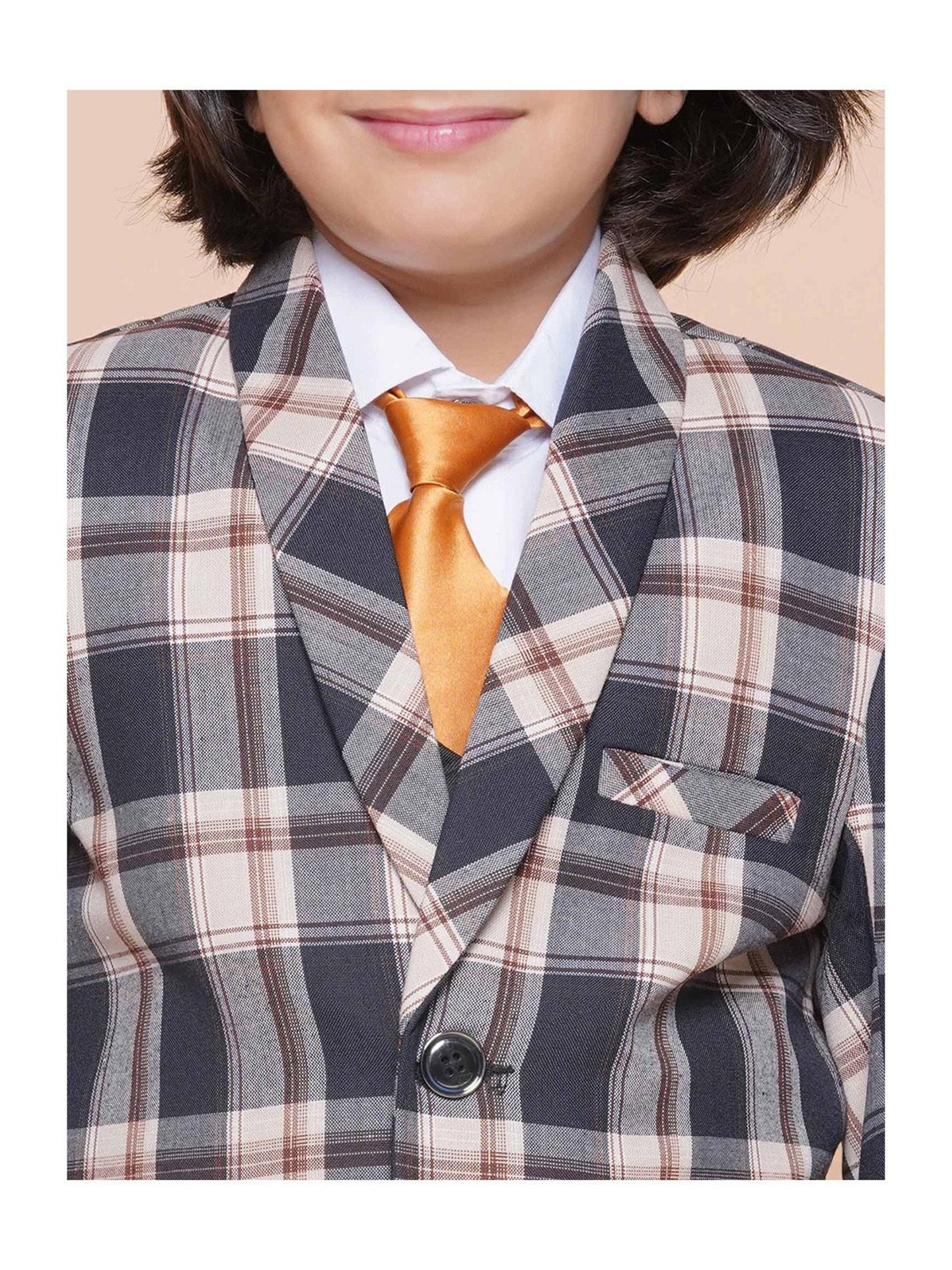 AJ Dezines Kids Beige & Black Checks Full Sleeves Shirt, Pants, Coat, Waistcoat with Tie