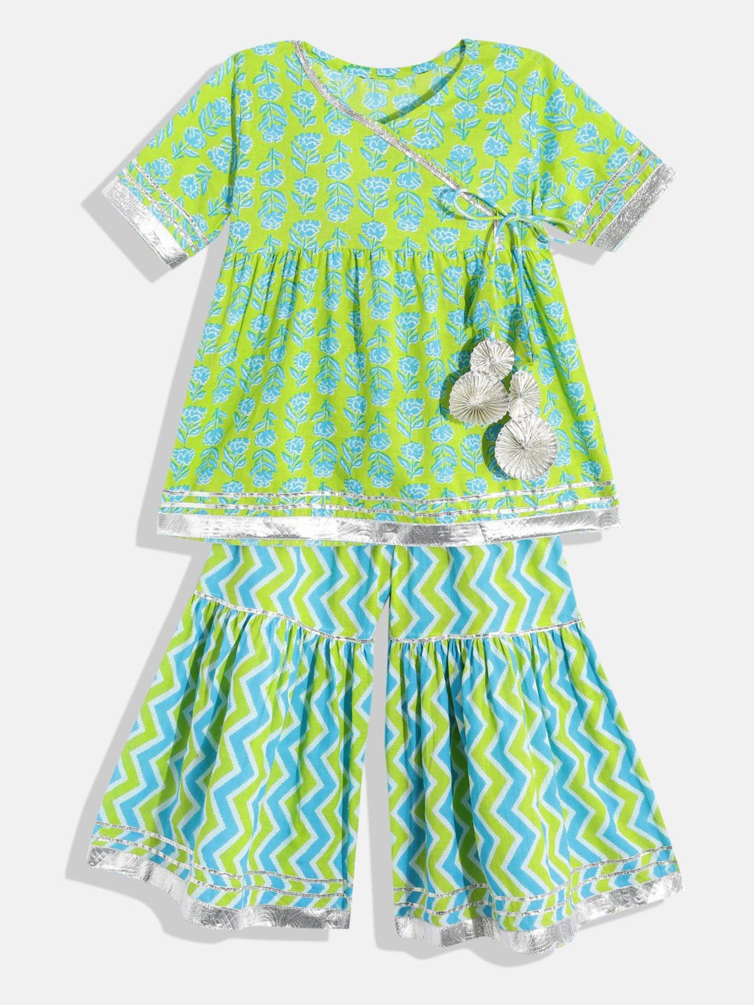 READIPRINT FASHIONS Kids Green Floral Print Kurta With Sharara