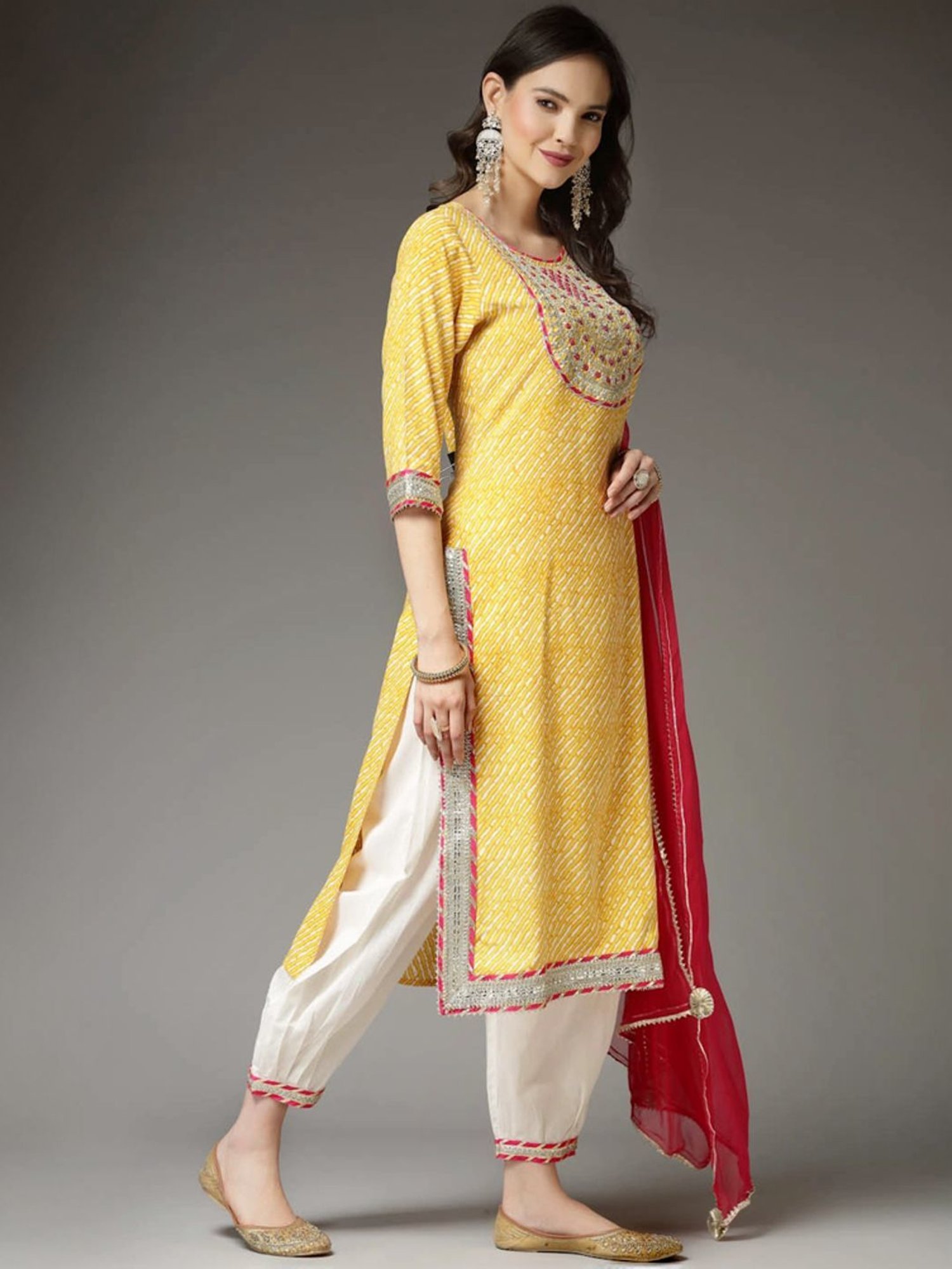 Stylum Yellow & White Embroidered Kurta & Pant Set With Dupatta
