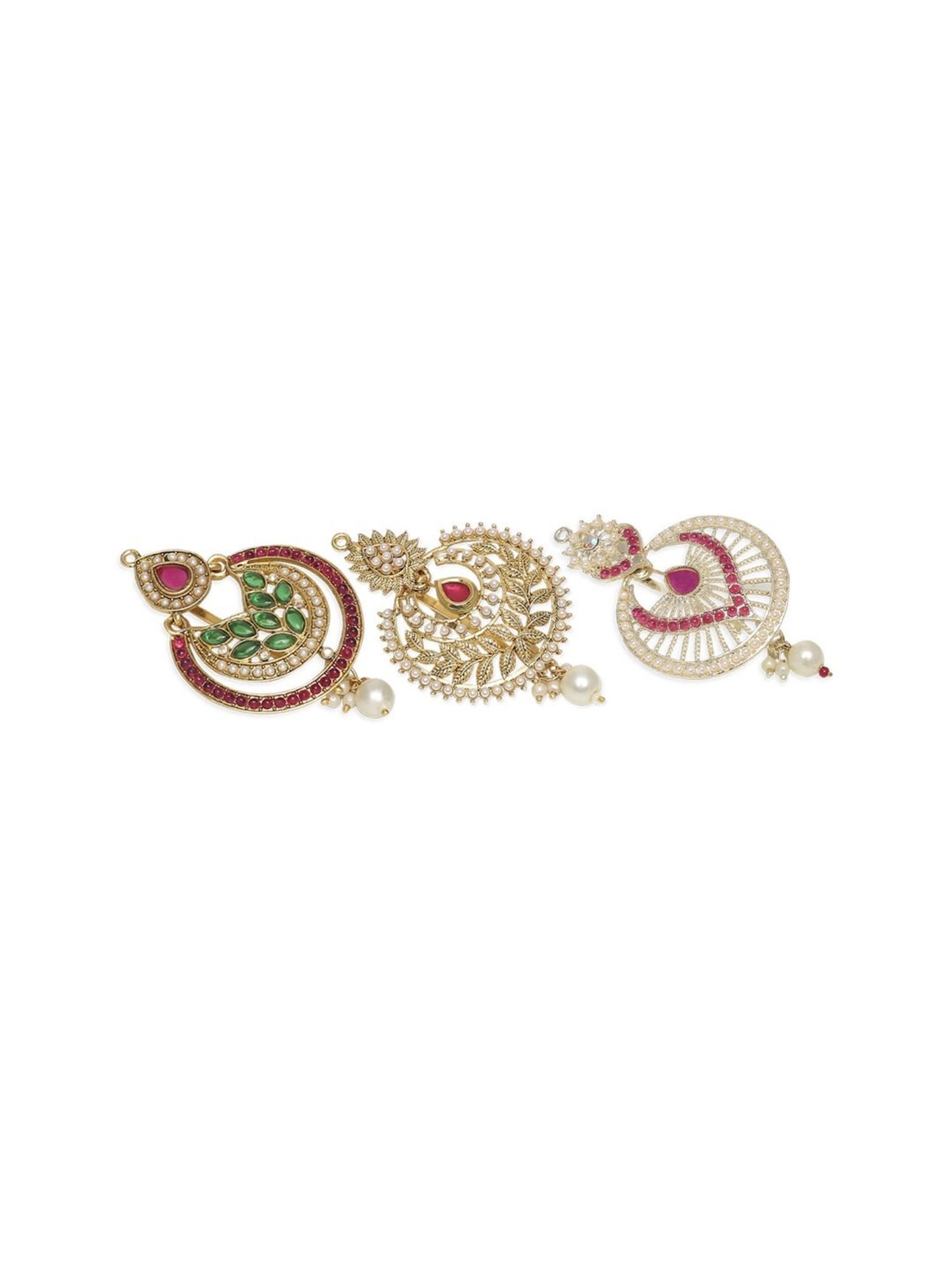 OOMPH Combo of 3 Maroon & Green Stones Kundan Hair Bun Pin Juda Pin Ethnic Chandbali Style