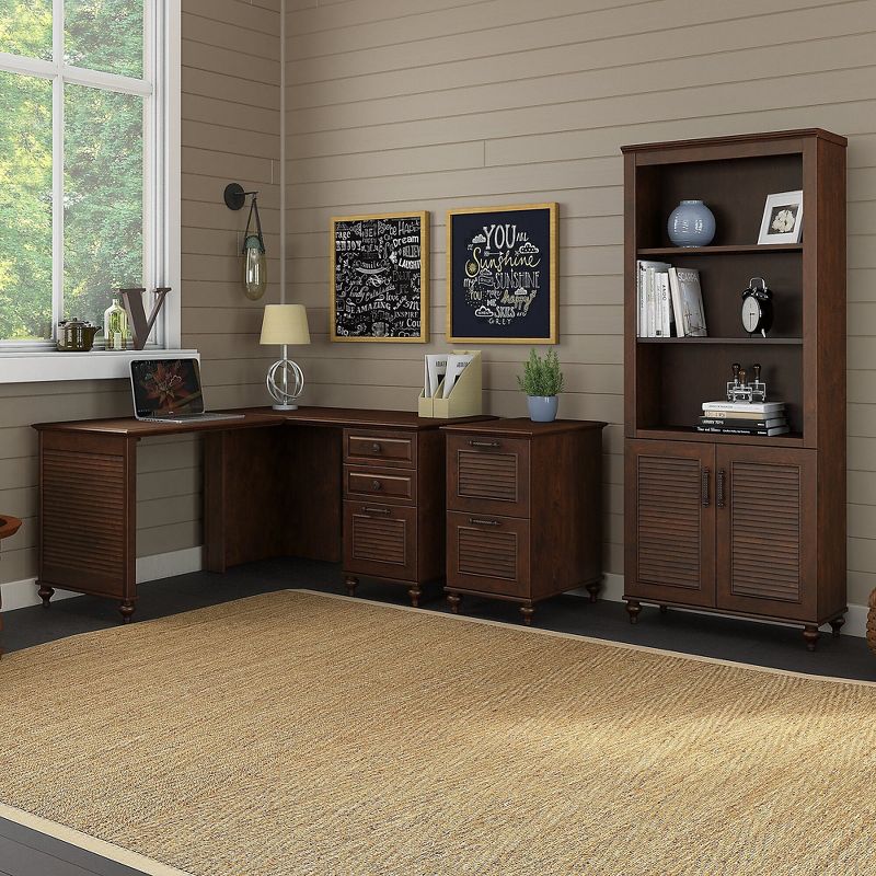 Office by kathy ireland 51W L Shaped Desk w/ Bookcase and File Cabinet Coastal Cherry ALA172CC