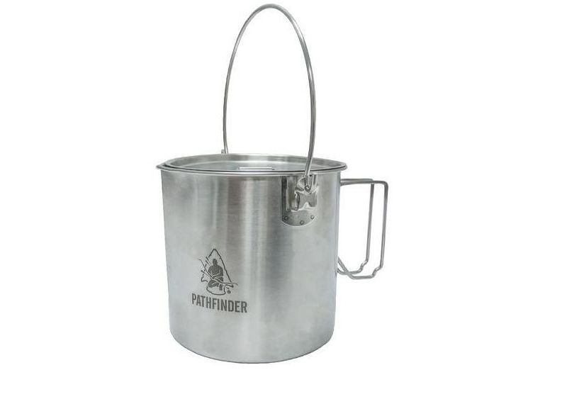 Pathfinder Stainless Steel 64 Ounce Durable Fire Ready Bush Pot and Lid w/ Cool Wing Handle, Pour Spout, and Heavy Duty D Ring for Camping and Hiking