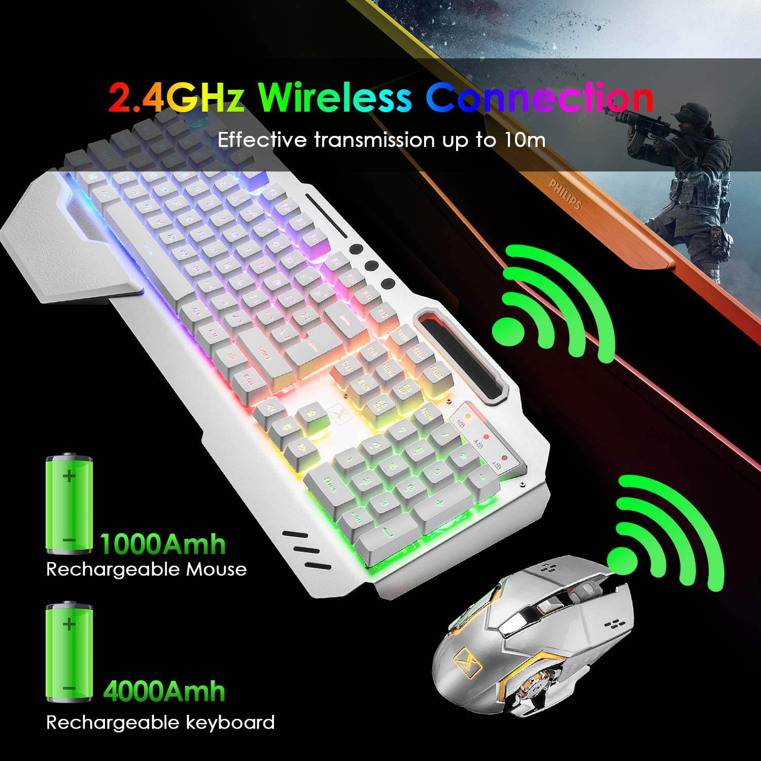CUUWE Wireless Gaming Keyboard and Mouse,RGB Backlit Rechargeable Keyboard with 5000mAh Battery Metal Panel,Removable Hand Rest Mechanical Feel Keyboard and 7 Color Gaming Mute Mouse for PC Gamers