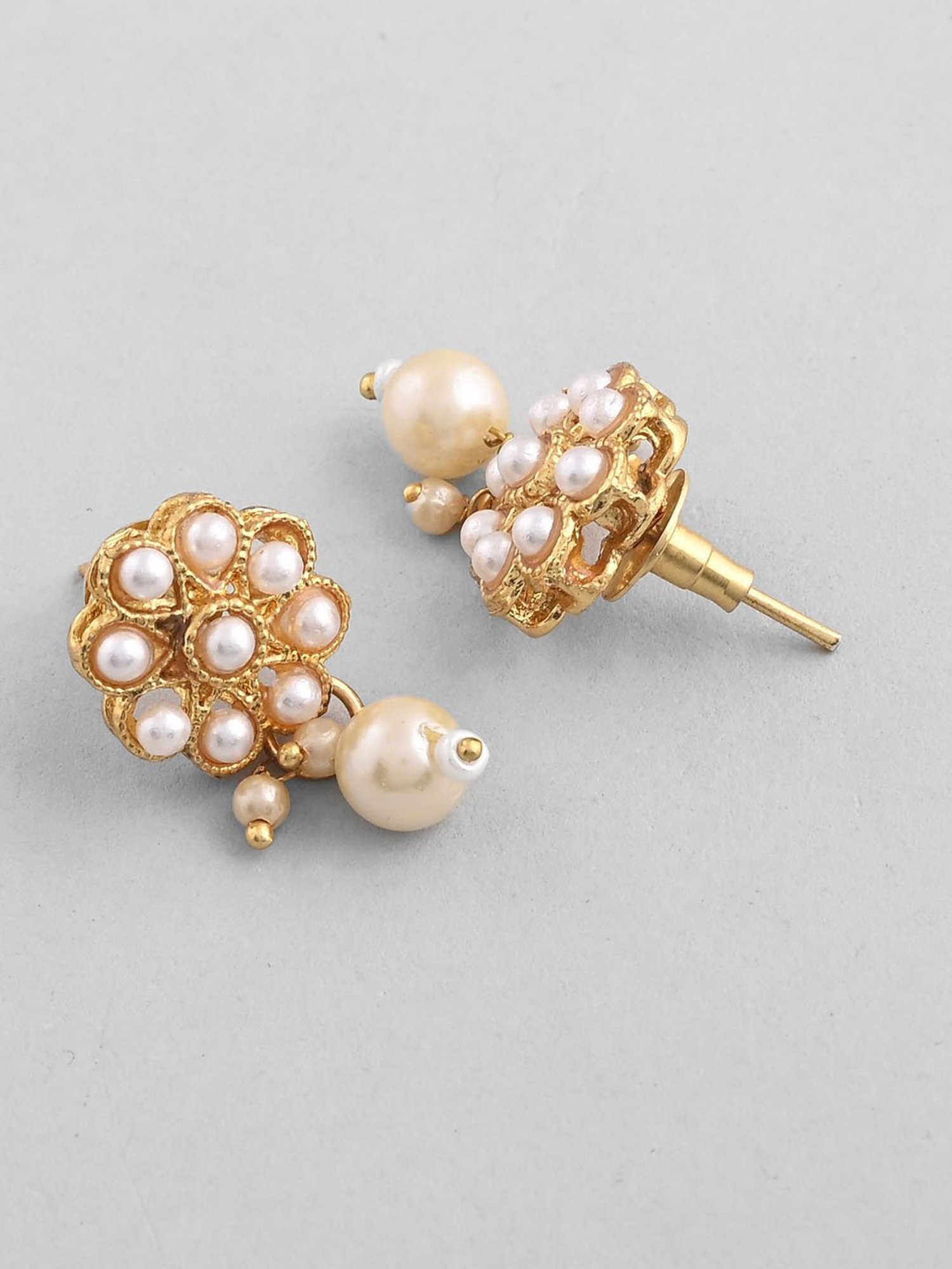 VOJ Gold Plated Pearl Studded Floral Necklace and Earrings for Women