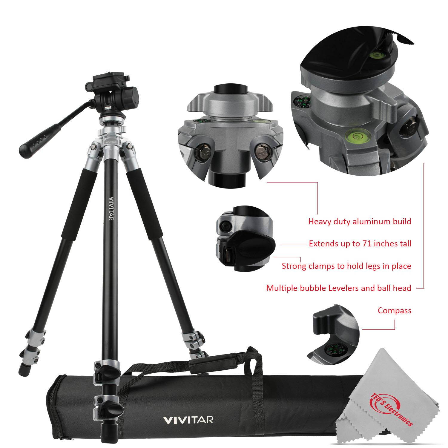 Vivitar Cinema 71 Inch Aluminum Alloy Tripod 360&deg; Fluid Head with Pan Tilt and Elevation Locks 30 LB Load Capacity
