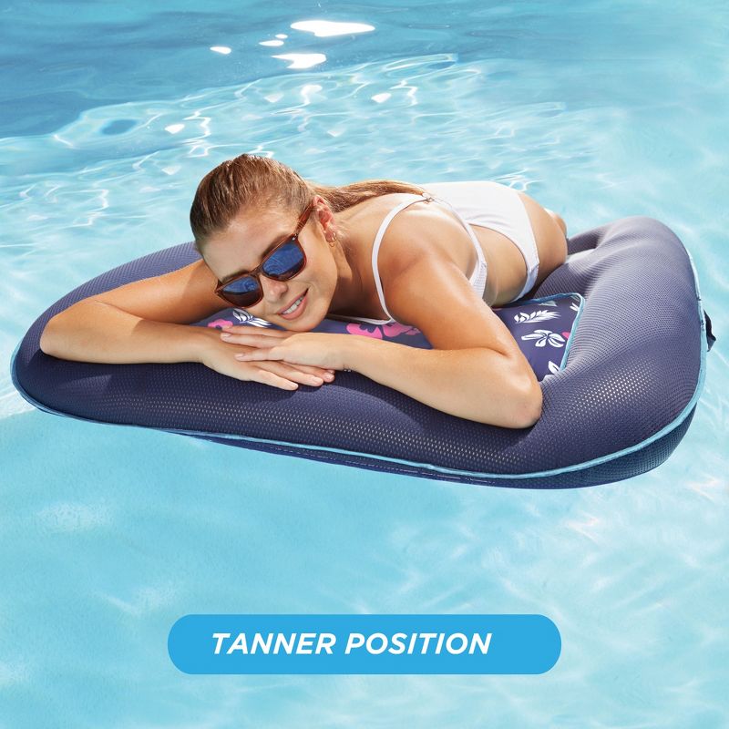 Aqua Leisure Campania 2-in-1 Convertible Water Lounger Pool Inflatable and Dual Action Hand Pump with 4 Nozzle Adapters Attachments, Navy Hibiscus