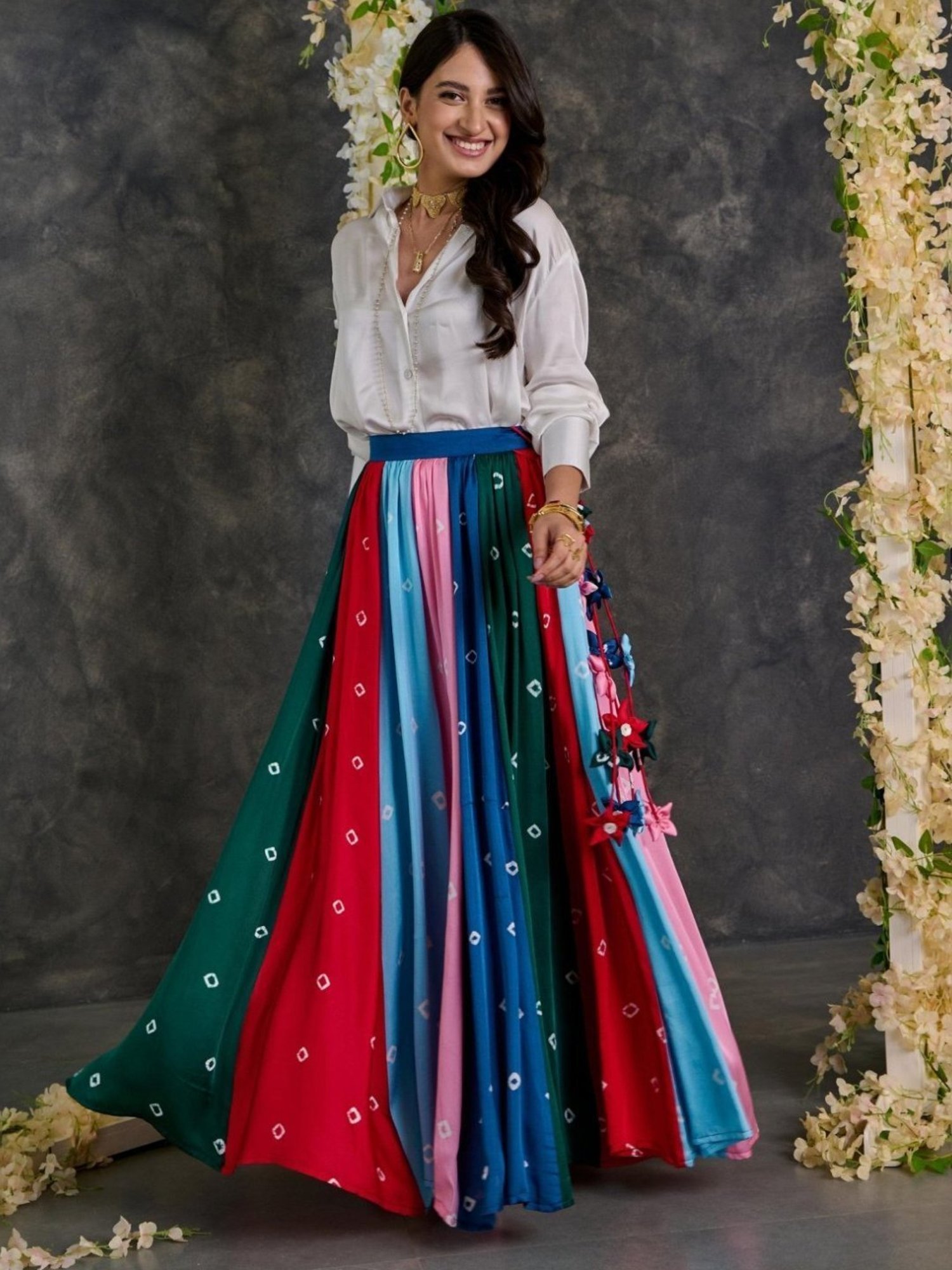 Gulaal White Shirt With Bandhani Modal Satin Skirt