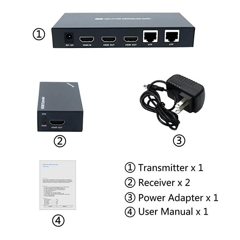 Extender Splitter 1x2 1080P@60Hz Over Cat 5E/6/7 Ethernet Cable 50m (165ft) Support 2 loopout EDID Copy POC Function (1 in 2 Out)