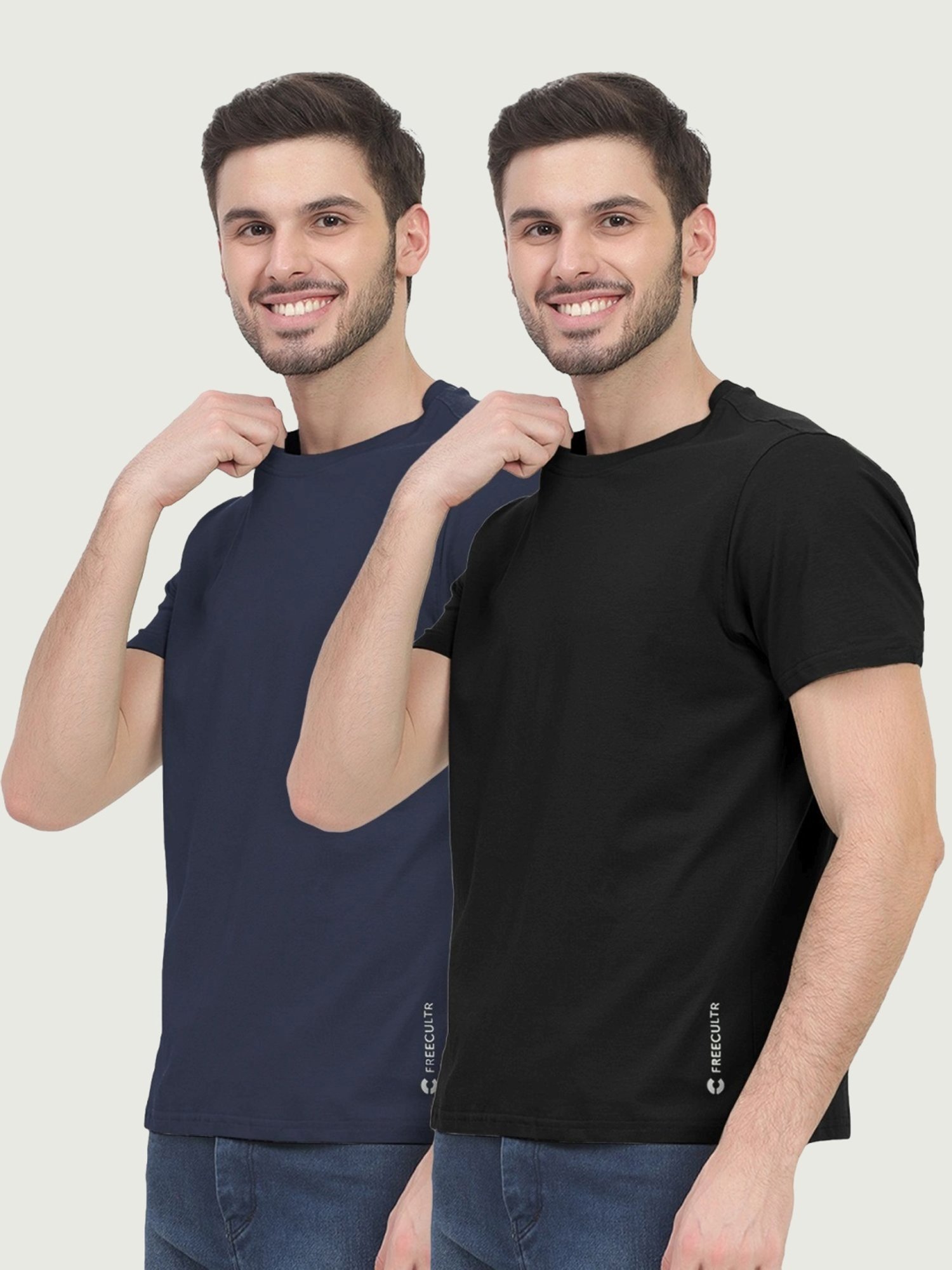 Freecultr Carbon Black & Galaxy Blue Cotton Regular Fit T-Shirt - Pack Of 2