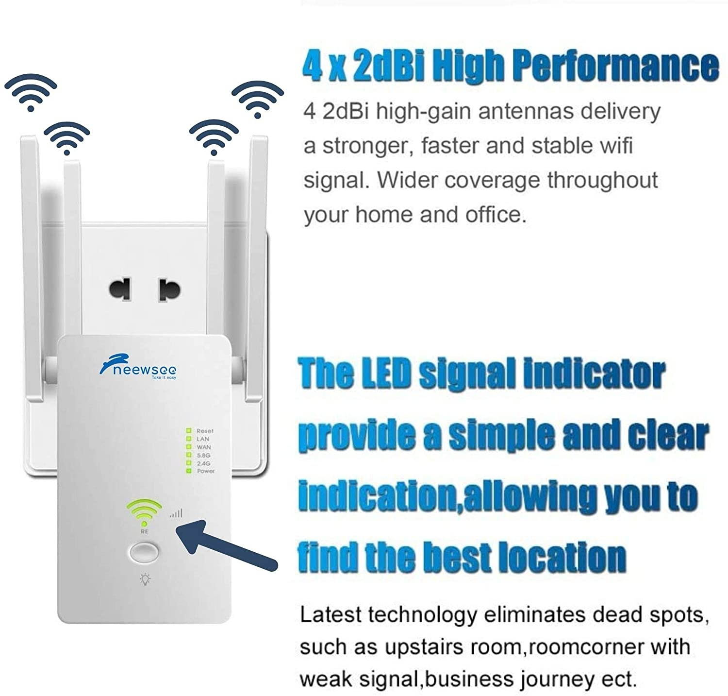Neewsee - WiFi Extender Dual Band 2.4G & 5G Signal Booster WiFi Repeater Wireless Network up to 1200 Mbps with 4 External Advanced Antennas for Long Coverage Easy to Set-Up
