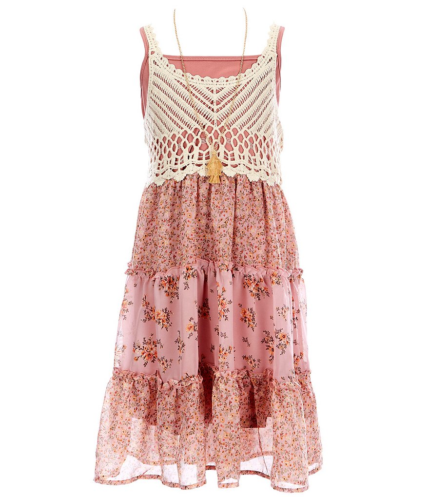 Beautees Big Girls 7-16 Crochet/Ditsy-Floral Chiffon Fit-And-Flare Dress