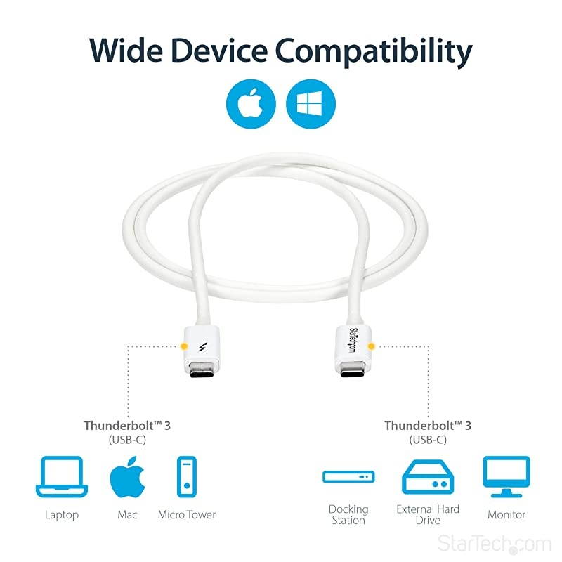 com 20Gbps Thunderbolt 3 Cable 33ft1m White 4k 60Hz Certified TB3 USBC to USBC Charger Cord w 100W Power Delivery TBLT3MM1MW20Gbps White