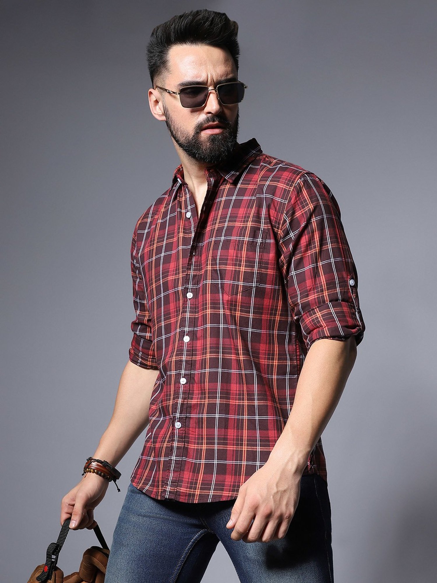 High Star Maroon Relaxed Fit Checks Shirt