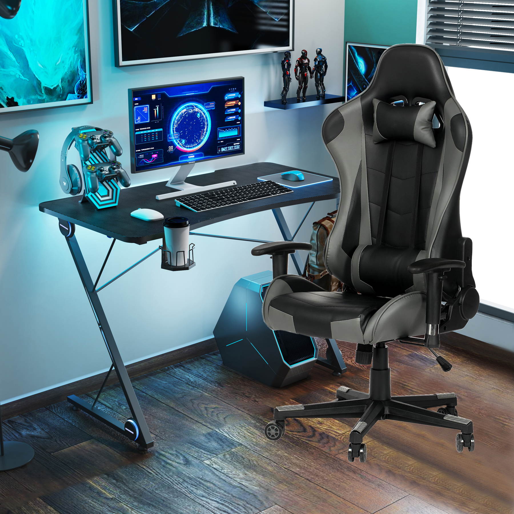 43.3 Inch Gaming Desk with Adjusted Reclining PU Leather Gaming Chair Ergonomic Home Office Desk and Chair Set Z-Shaped E-Sport Gamer Workstation with LED Lights Carbon Fiber Surface and Cup Holder