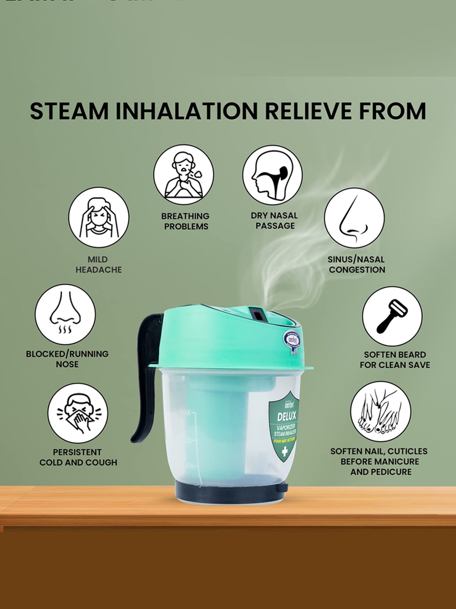 Crescent Delux Facial Steamer Vaporizer for Cold & Cough, Separate Water Container (Ice Green)