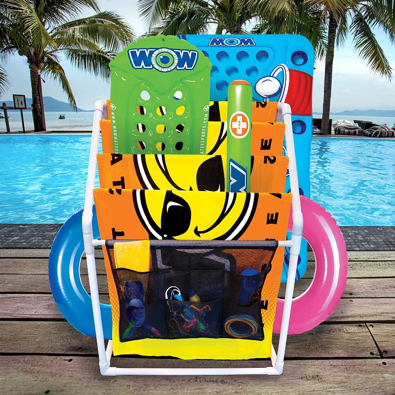 WOW Watersports Indoor or Outdoor Free Standing Collapsible Heavy Duty 5 Rail Towel Rack w/ Hanging Pocket & Storage Bag for Pool Accessories, White