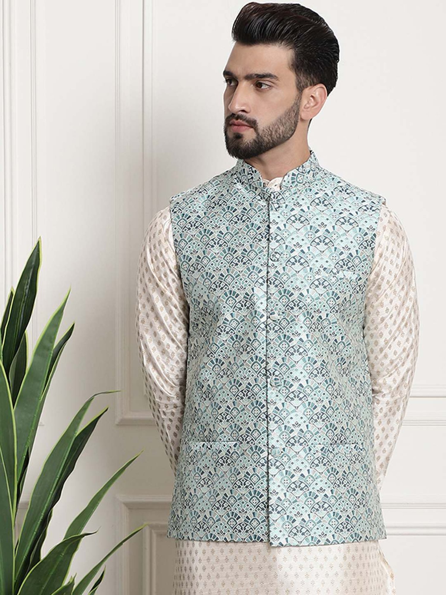 Sojanya Teal Regular Fit Self Pattern Nehru Jacket