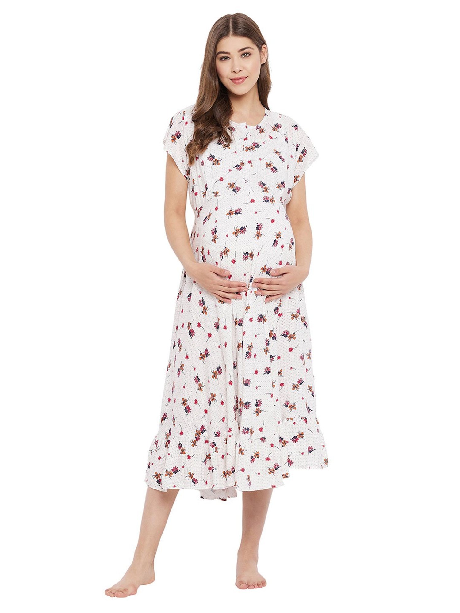 Hypernation White Floral Print Maternity Night Dress