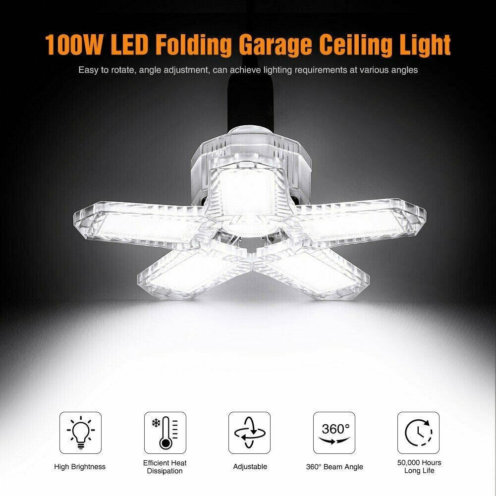 60W-100W LED Garage Light Bulb Deformable Ceiling Fixture Lights Workshop Lamp