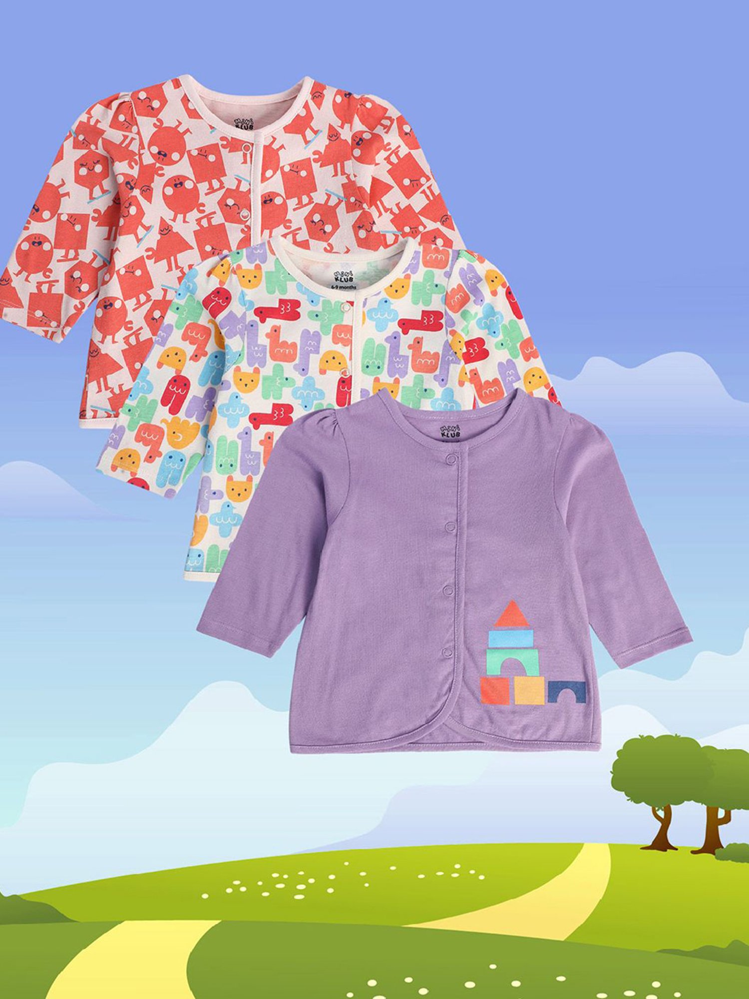 MINIKLUB Kids Multicolor Printed Full Sleeves Jhablas (Pack Of 3)