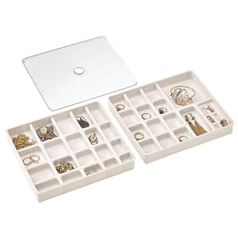 Stackable Plastic Storage Jewelry Box - 2 Organizer Trays with Lid for Drawer, Dresser, Vanity - Holds Necklaces, Bracelets, Bangles, Rings, Earrings - 3 Pieces - Cream/Beige/Clear