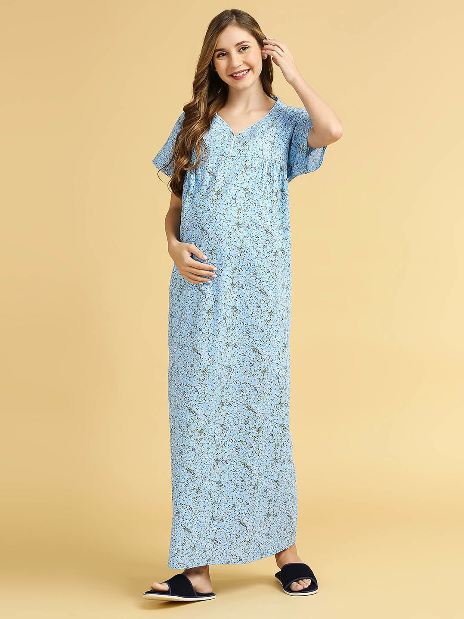 MomToBe Blue Cotton Floral Print Feeding Nighty