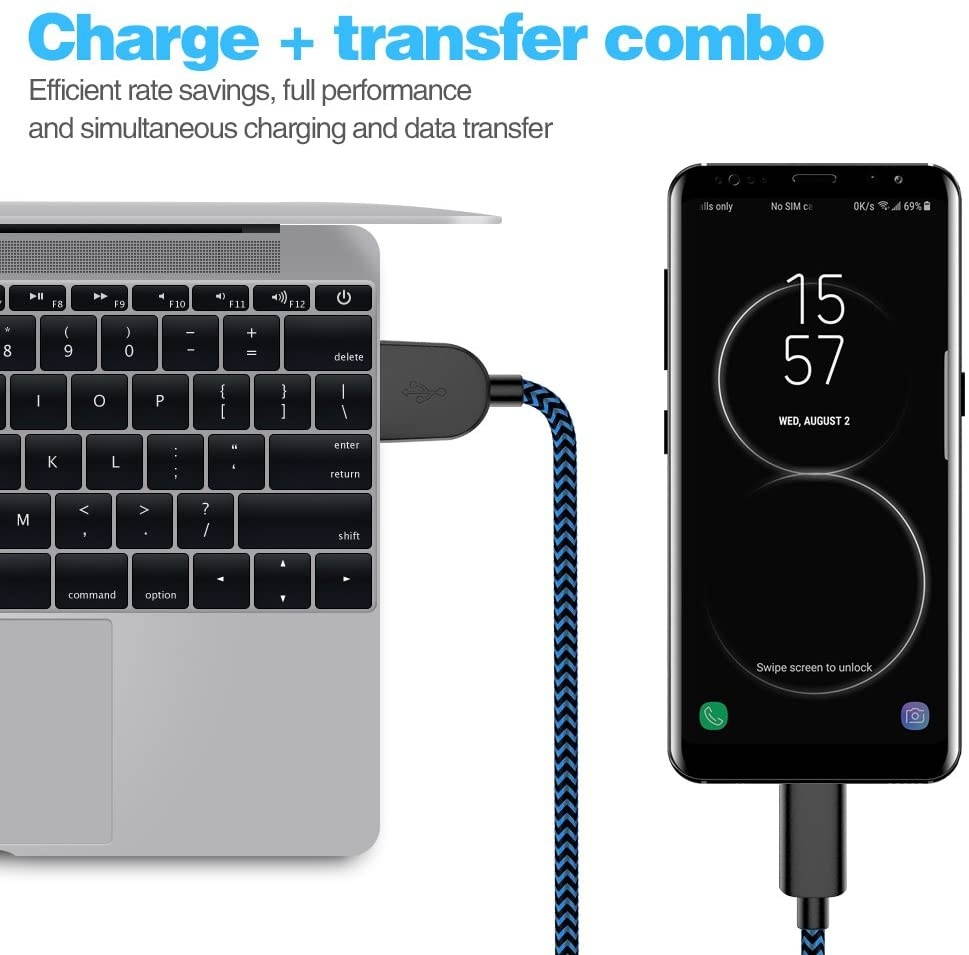 USB Type C Cable 5Pack (3/3/6/6/10FT) Nylon Braided USB C Cable Fast Charger Charging Cord Compatible Samsung Galaxy S9 S8 Note 9 Note 8 PlusLG V30 G6 G5 V20Google Pixel Moto Z2 and More (Blue)