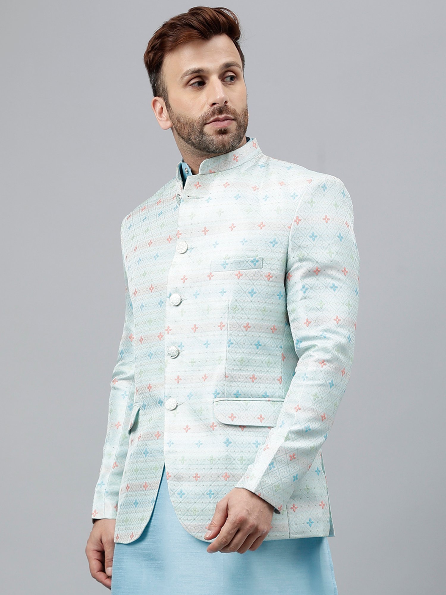 Hangup Light Aqua Regular Fit Ethnic Blazer