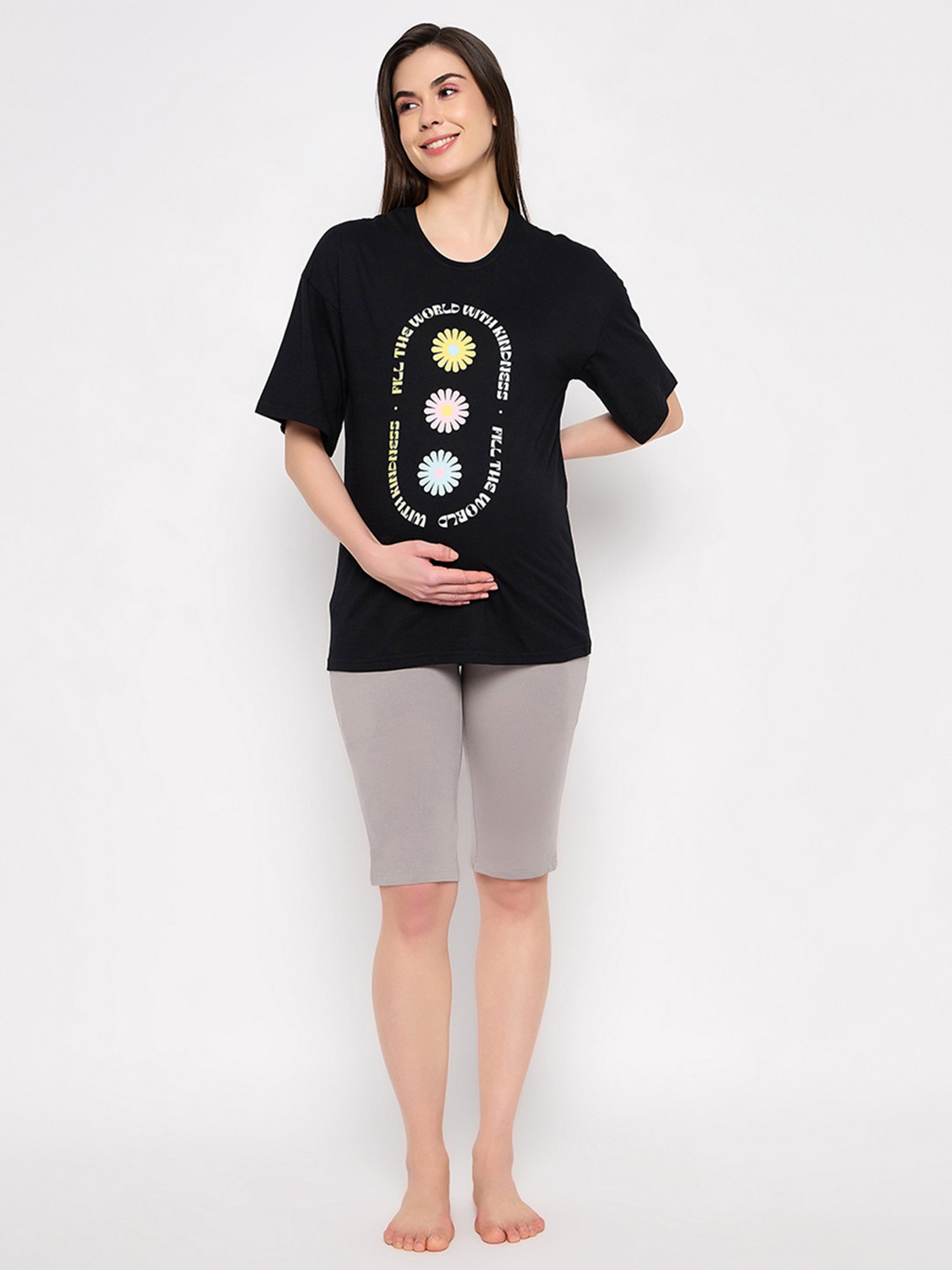 Clovia Yellow & Pink Graphic Print Maternity Top With Pyjamas