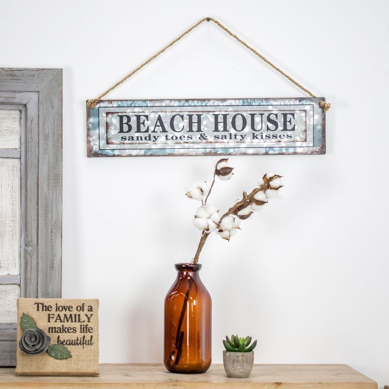 11" x 20" Beach House Galvanized Metal Vintage Hanging Wall Sign with Rope - American Art Decor