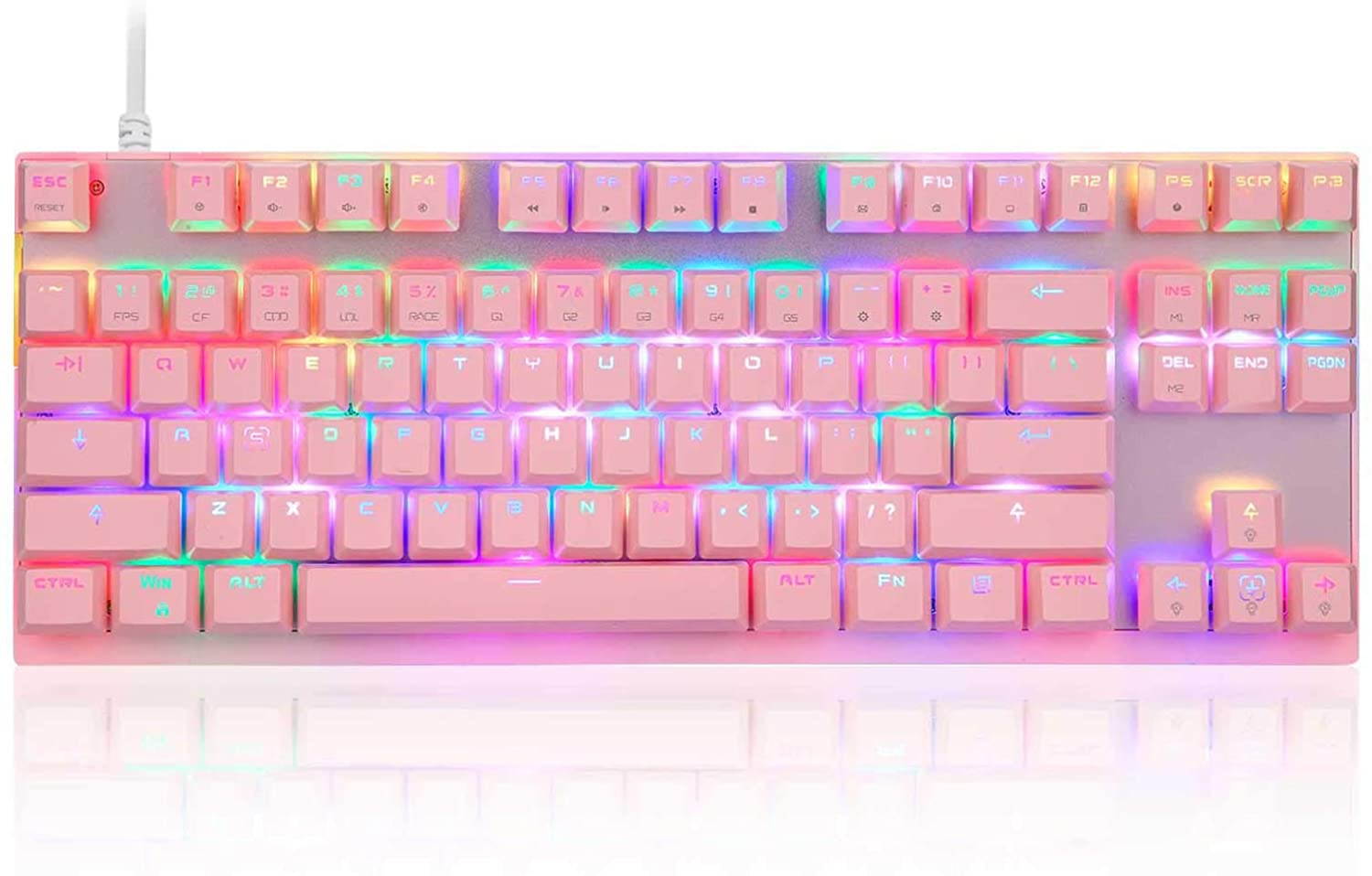 MOTOSPEED Professional Gaming Mechanical Keyboard RGB Rainbow Backlit 87 Keys Illuminated Computer USB Gaming Keyboard for Mac & PC Pink(Pink Keyboard Blue Switch)