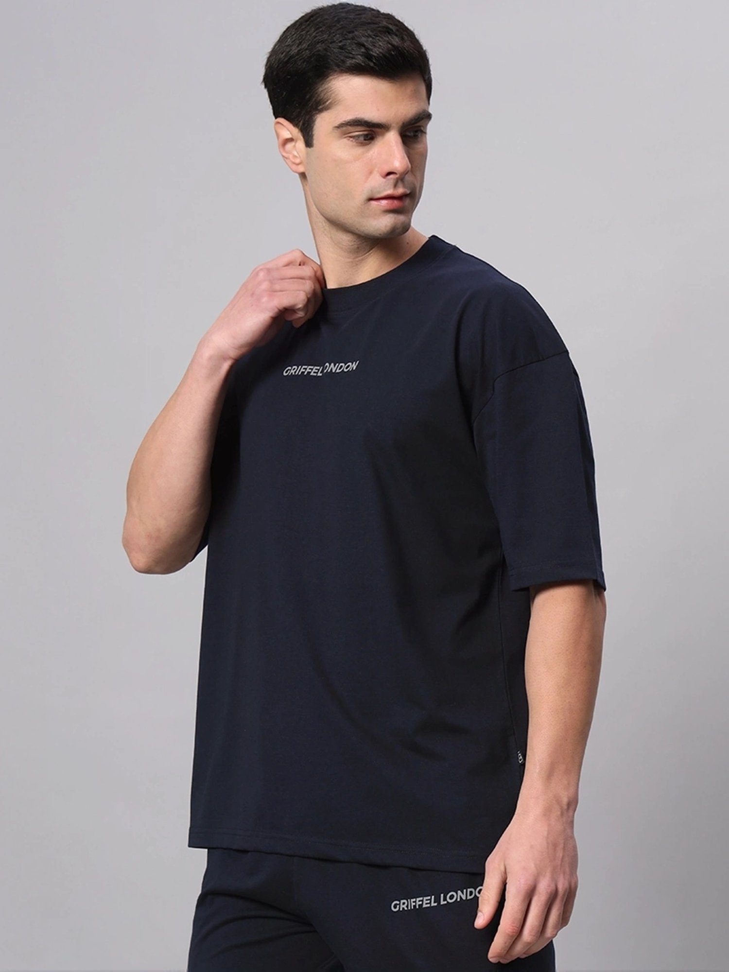 Griffel Navy Blue Cotton Loose Fit Printed T-Shirt