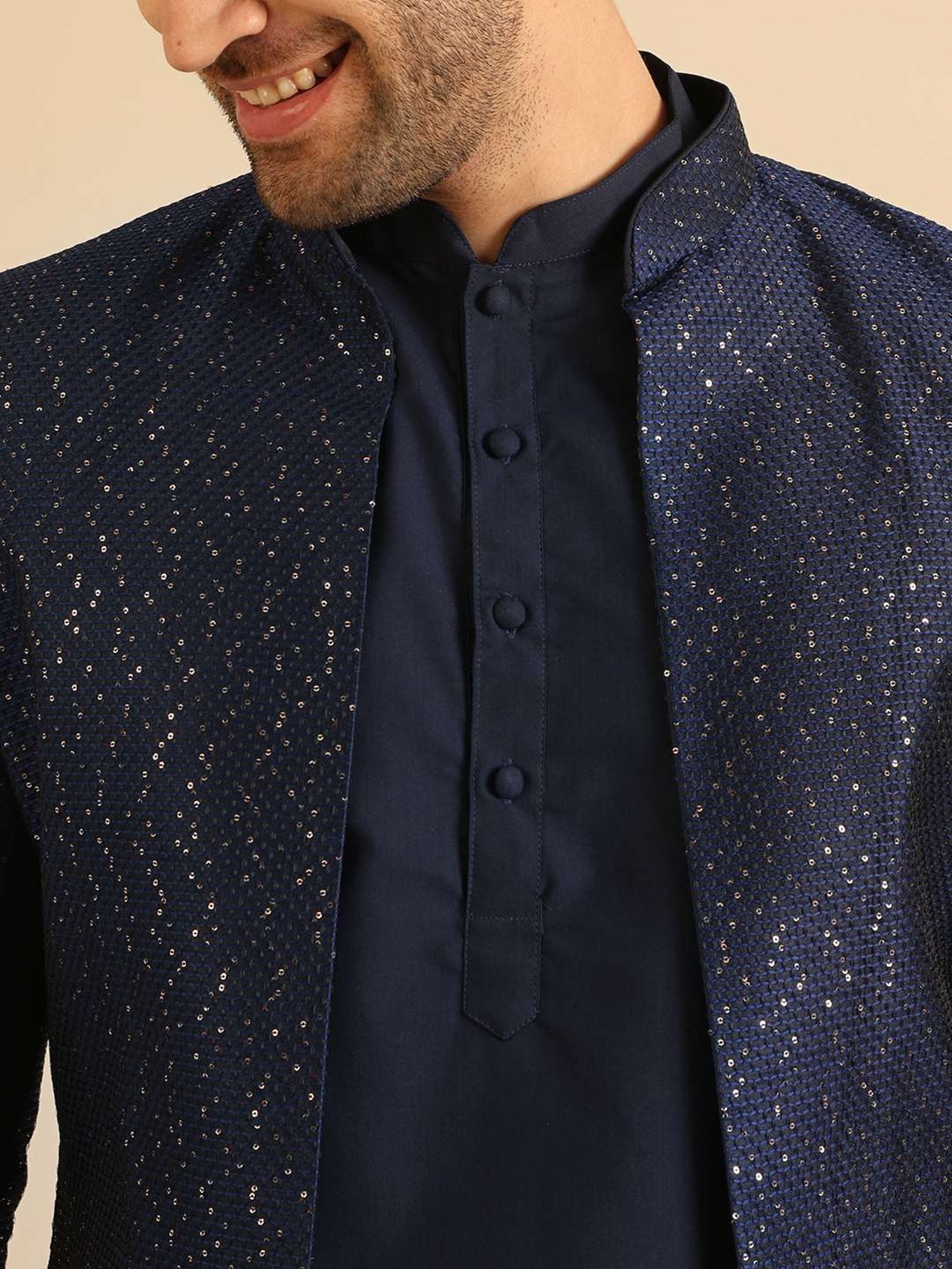 Kisah Navy Regular Fit Embroidered Sherwani Set