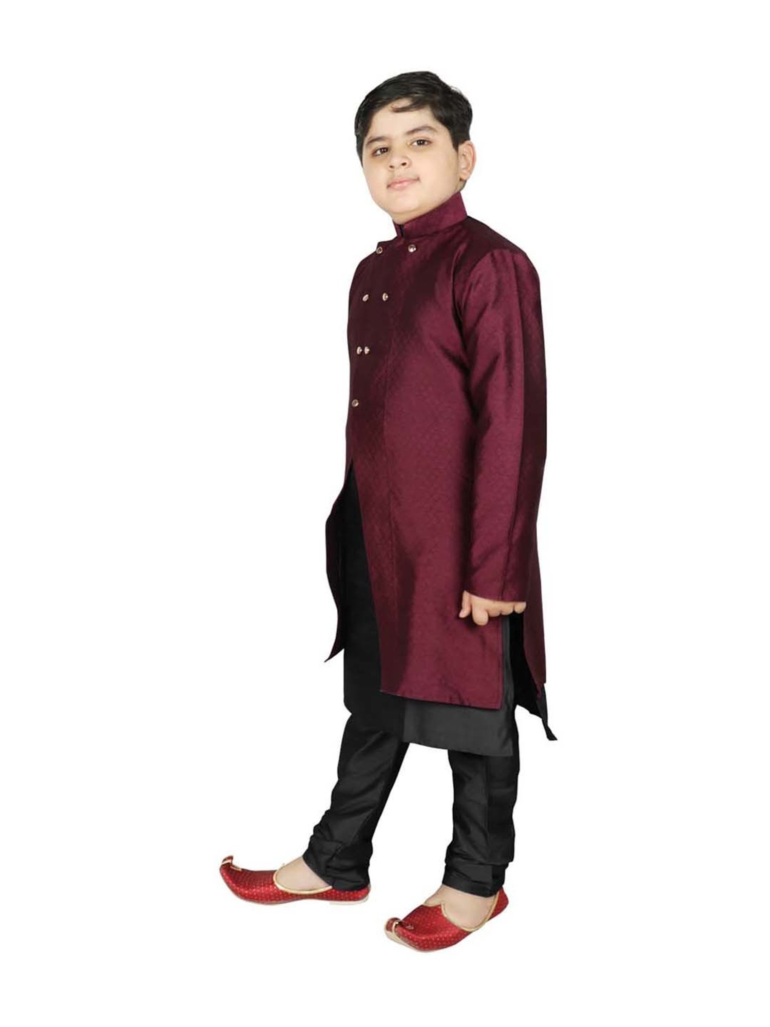 SG Yuvraj Kids Wine & Black Textured Pattern Full Sleeves Kurta Set